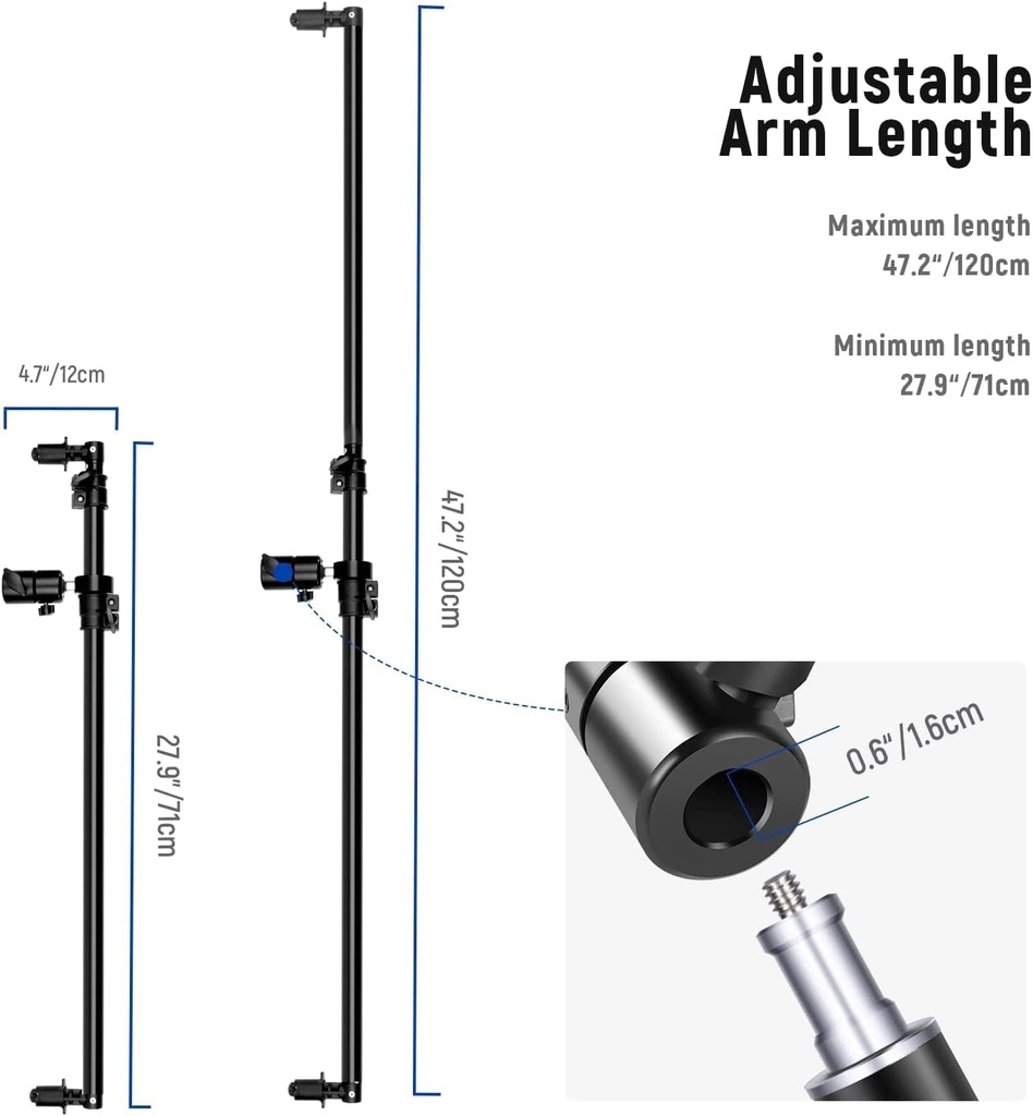 NEEWER Extendable Reflector Holder Arm, Photo Studio Telescopic 27.9” to 47.2” Boom Arm 360 Degree Swivel Reflector Bracket for Product and Portrait Photography, Ideal for Studio & Outdoor Photography