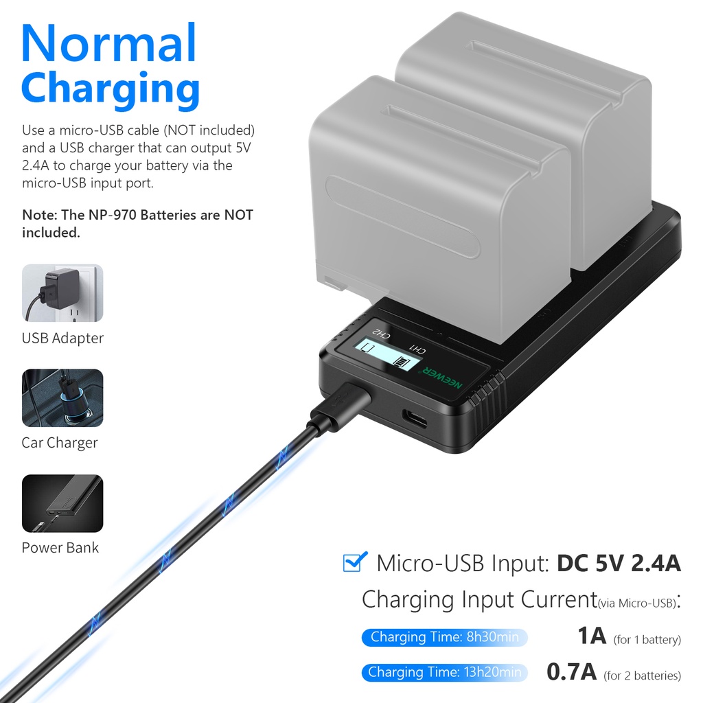 Neewer Dual USB Camera Battery Charger Compatible with NP-F970 NP-F960 NP-F950 NP-F930 NP-F770 NP-F750 NP-F570 NP-F550 10100251
