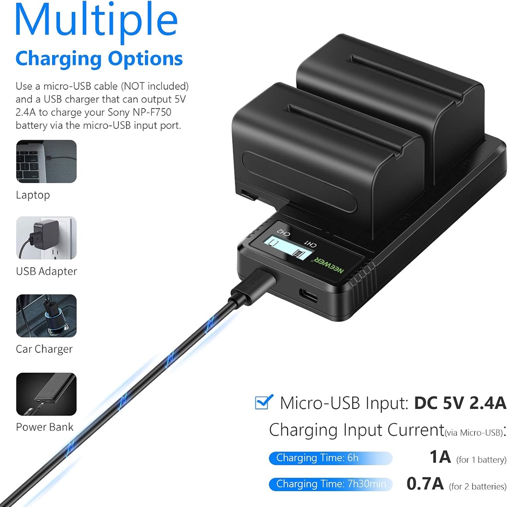 Neewer Fast Charger Dual USB with NP-F750 2-Pack 5600mAh Li-ion Replacement Batteries