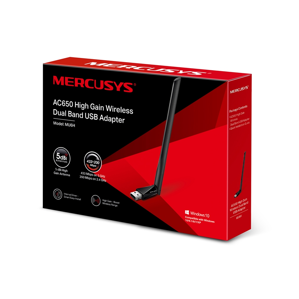 محول USB لاسلكي MERCUSYS MU6H AC650 مزدوج النطاق بهوائي عالي الكسب