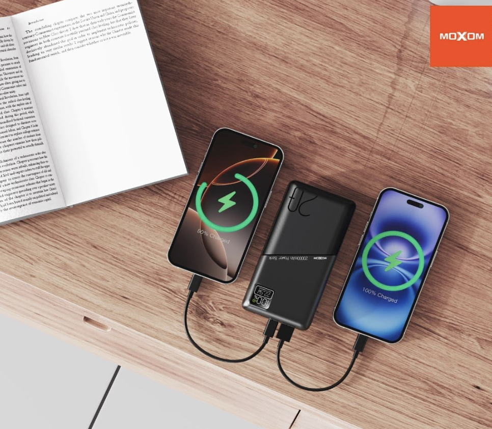 MOXOM MX-PB164 Power Bank With LCD Display And USB, USB-C, Micro Charging Ports Fits Various of Smart Phones 20000 mAh - Black