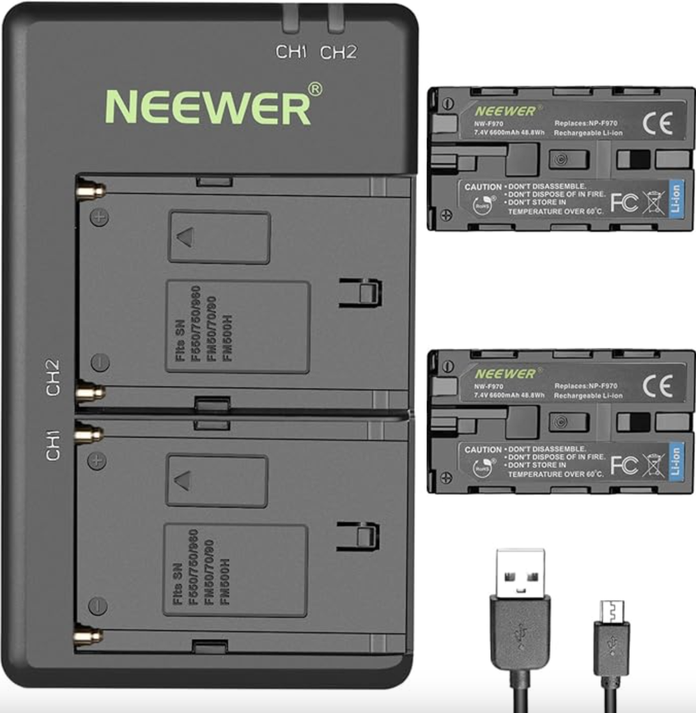 Neewer 2-Pack 6600mAh Li-ion Replacement Battery with USB Charger, Compatible with Sony NP-F970 F960 F950 F770 F750 F570 F550, Handycams and Neewer Led Light, Monitor, Motorized Slider