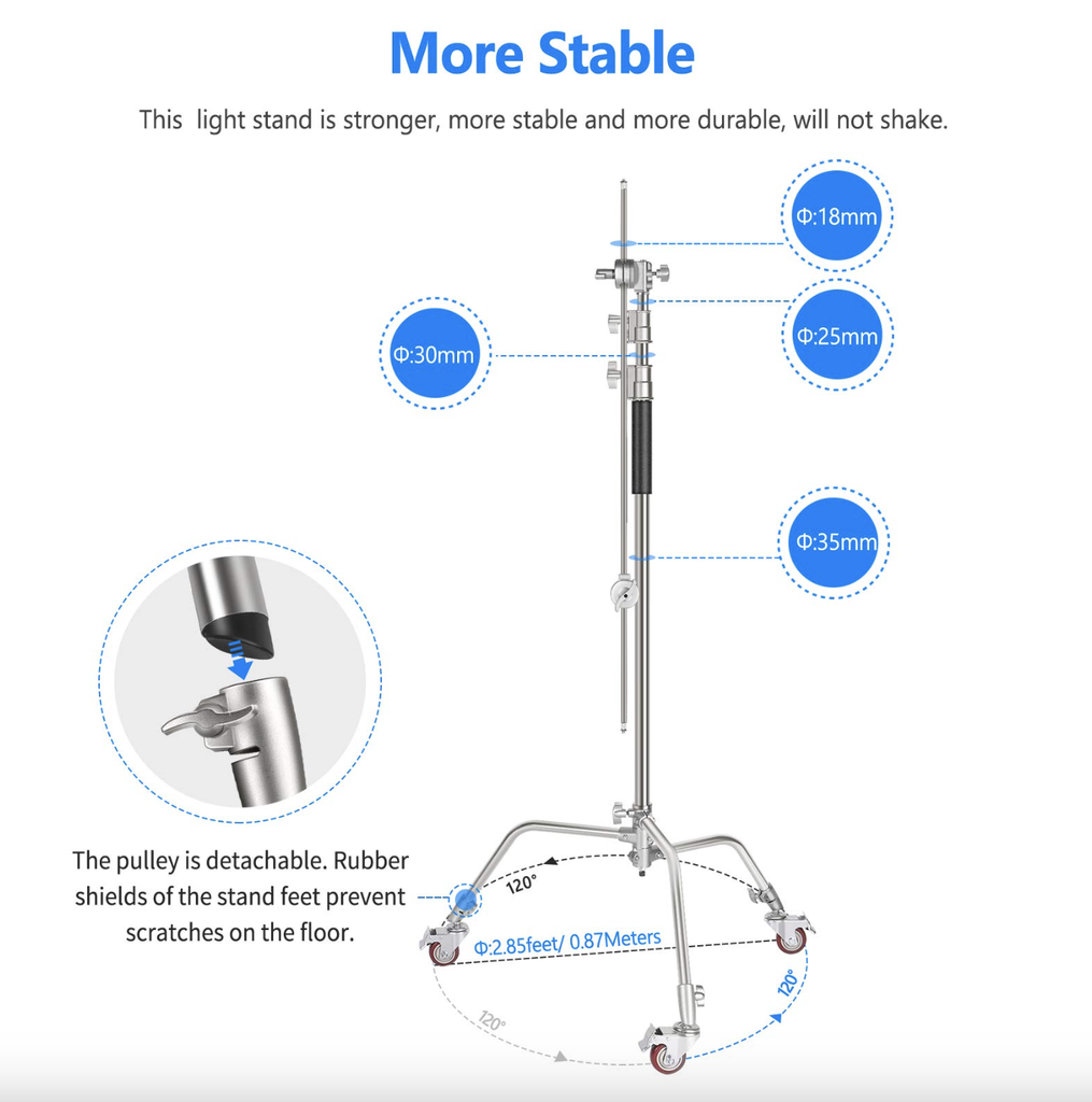 NEEWER Pro 100% Metal C Stand Light Stand with Wheels, Max. Height 10.8ft/330cm Adjustable Reflector Stand with 4ft/120cm Boom Arm & 3 Pulleys for Photo Studio Video Reflector, Monolight, etc