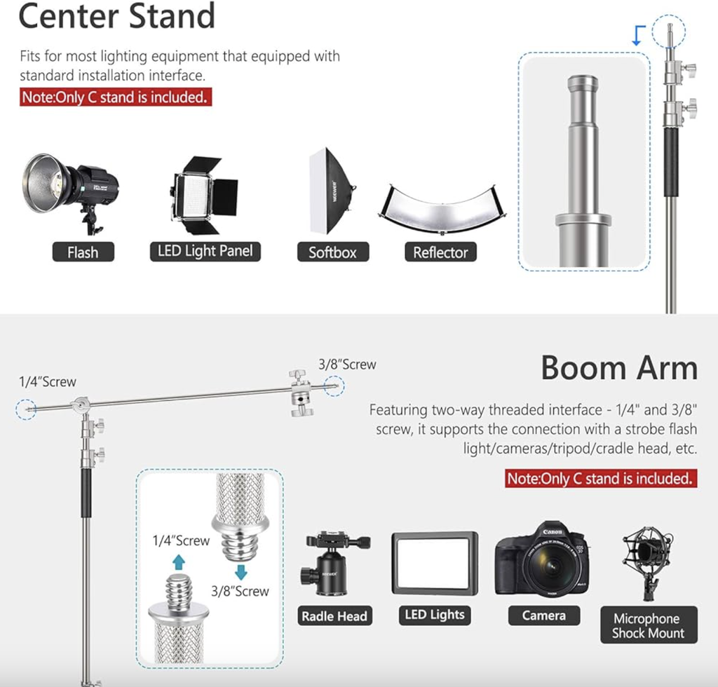 NEEWER Pro 100% Metal C Stand Light Stand with Wheels, Max. Height 10.8ft/330cm Adjustable Reflector Stand with 4ft/120cm Boom Arm & 3 Pulleys for Photo Studio Video Reflector, Monolight, etc