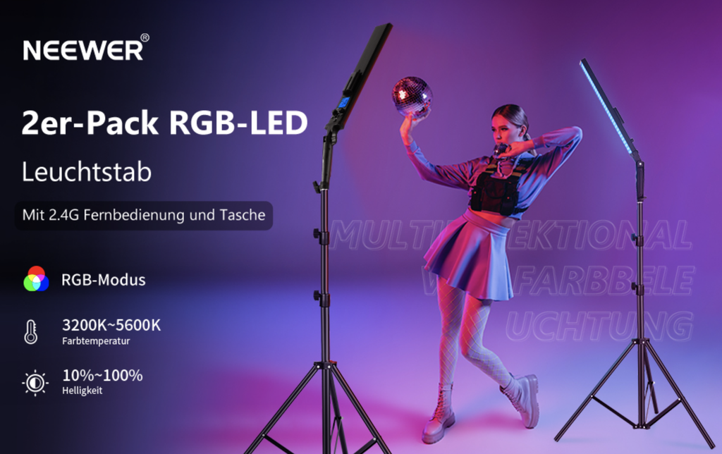 Neewer 2.4G RGB LED Video Light Stick 2-Pack Photography Lighting Set with Remote Control, 21W Dimmable 3200K ~ 5600K/CRI95+/360°Full Colour/10-Scene Effect with Stand and Bag for Studio