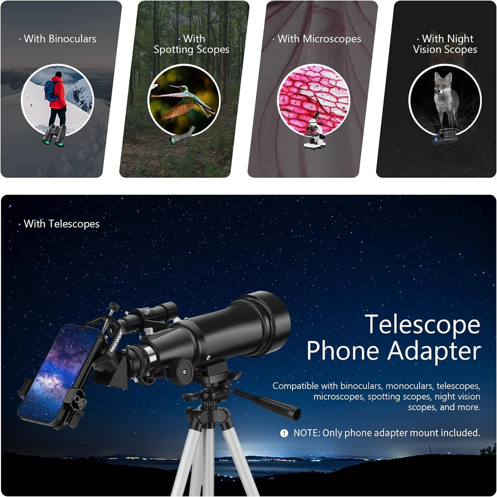 NEEWER Metal Telescope Phone Mount, 2.09"-3.54" Universal Cell Phone Mount for Spotting Scope Telescope Microscope Binocular Monocular, Fits Eyepiece with Diameter 1.02"-2.05"
