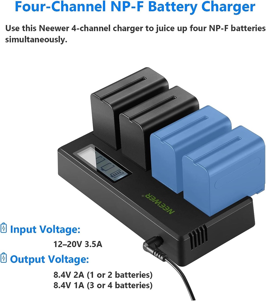 Neewer 4-Pack 7.4V 6600mAh NP-F970 Replacement Batteries with 4-Channel Battery Charger & Power Adapter, Compatible with NP-F550/750/770/970 FM500H QM71D QM91D, Field Monitor, Video Light