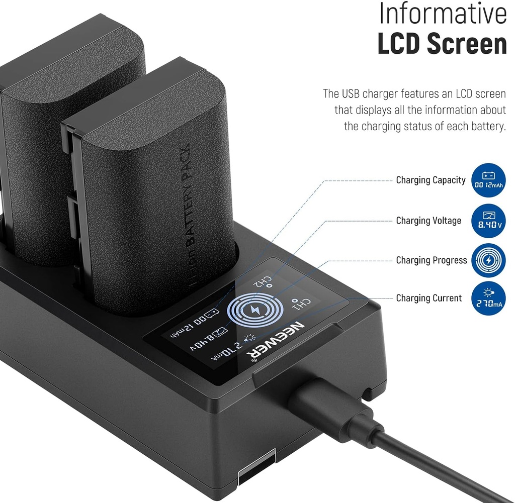 Neewer LP-E6NH Replacement Battery Charger Set, Compatible with Canon EOS R7 R5 R6 R, 5D III IV, 6D II, 7D II, 70D, 80D, 90D, 2-Pack 2250mAh Batteries, Dual USB Charger with LCD Screen, USB-C Cable