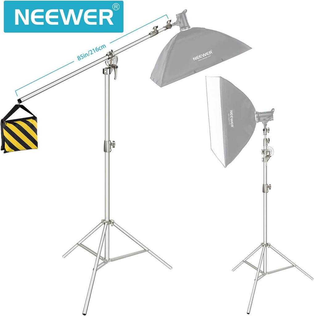 Neewer Photo Studio 2-in-1 Light Stand c-stand 120-380 cm Adjustable Height with 85-inch Boom Arm and Sandbag,Aluminum Alloy,for Supporting Umbrella Softbox Flash for Portrait Video Photography(Silver)