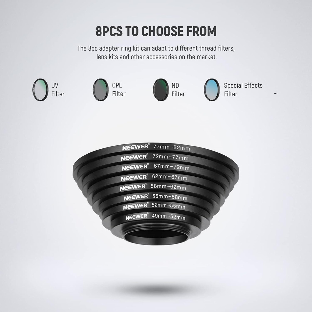 Neewer® 8 Pieces Step-up Adapter Ring Set Made of Premium Anodized Aluminum, includes: 49-52mm, 52-55mm, 55-58mm, 58-62mm, 62-67mm, 67-72mm, 72-77mm, 77-82mm-Black