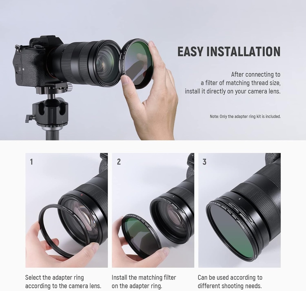 Neewer® 8 Pieces Step-up Adapter Ring Set Made of Premium Anodized Aluminum, includes: 49-52mm, 52-55mm, 55-58mm, 58-62mm, 62-67mm, 67-72mm, 72-77mm, 77-82mm-Black