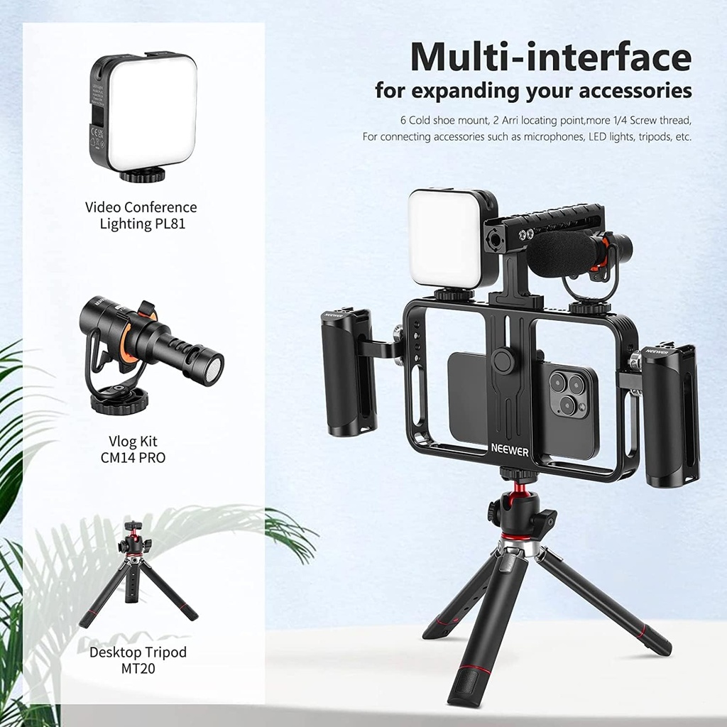 NEEWER Universal Phone Video Rig Kit Compatible with iPhone 14 Plus 14 13 12 Pro Android, Aluminum Handheld Phone Cage with Silicone Handles, Video Stabilizer Rig for Vlog Videography Live Streaming