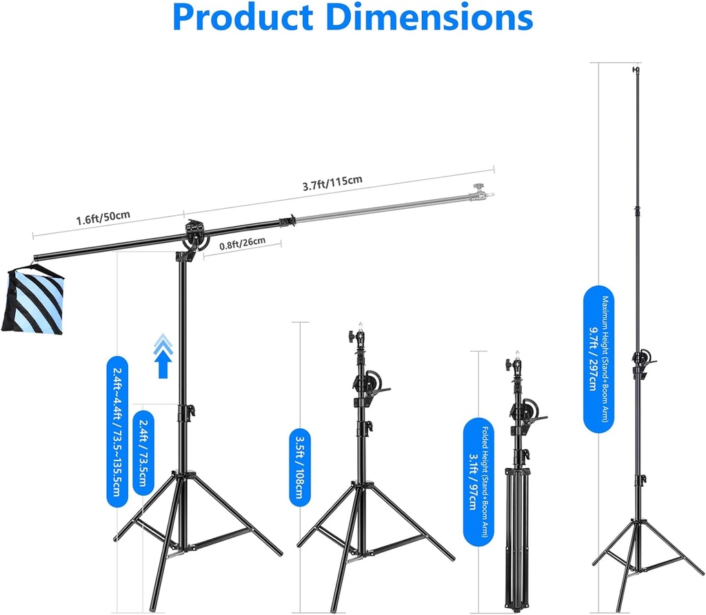 Neewer 2-In-1 Photography Light Stand, Aluminum Alloy 9.7ft Heavy Duty Tripod Stand with 3.8ft Boom Arm and Empty Sandbag for Video Light, Strobe, Reflector, Softbox for Studio Photo Video Shooting