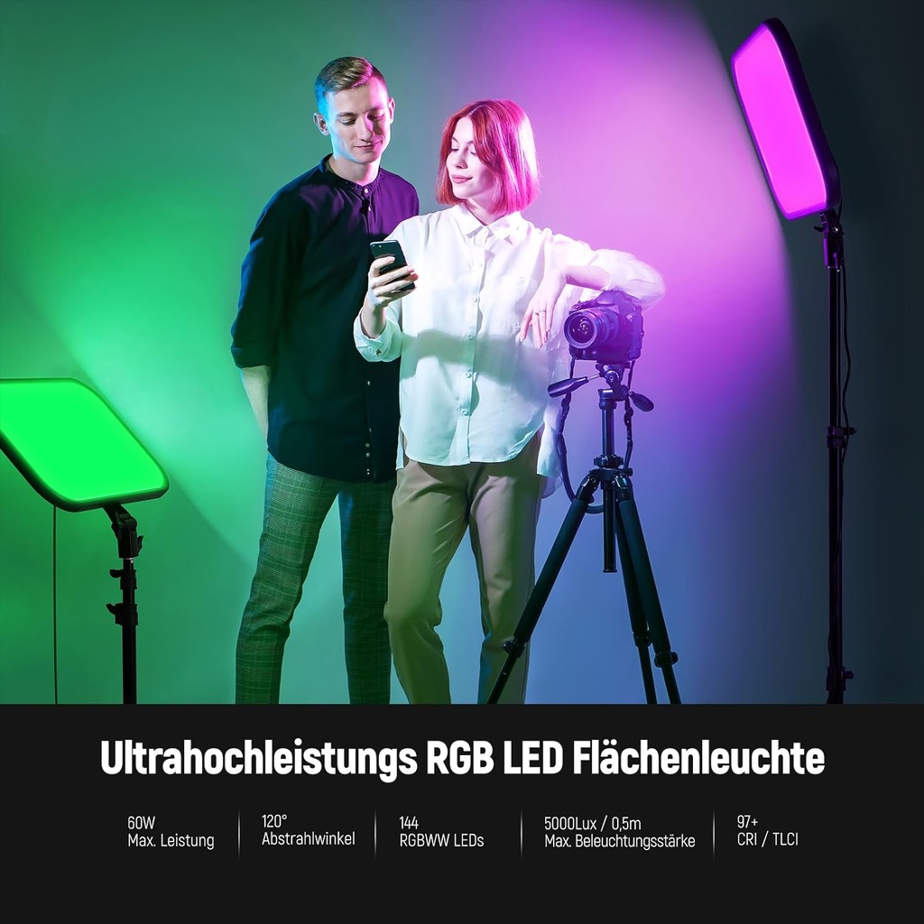 NEEWER RGB168 18.3 Inch RGB LED Video Light with Tripods, Pack of 2, with App Control, 360° Full Colour, 60 W, Dimmable, 2500 K-8500 K, RGB Video Studio Light, CRI 97+, 17 Scene Effects for