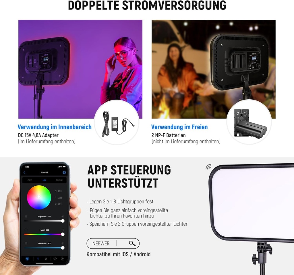 NEEWER RGB168 18.3 Inch RGB LED Video Light with Tripods, Pack of 2, with App Control, 360° Full Colour, 60 W, Dimmable, 2500 K-8500 K, RGB Video Studio Light, CRI 97+, 17 Scene Effects for