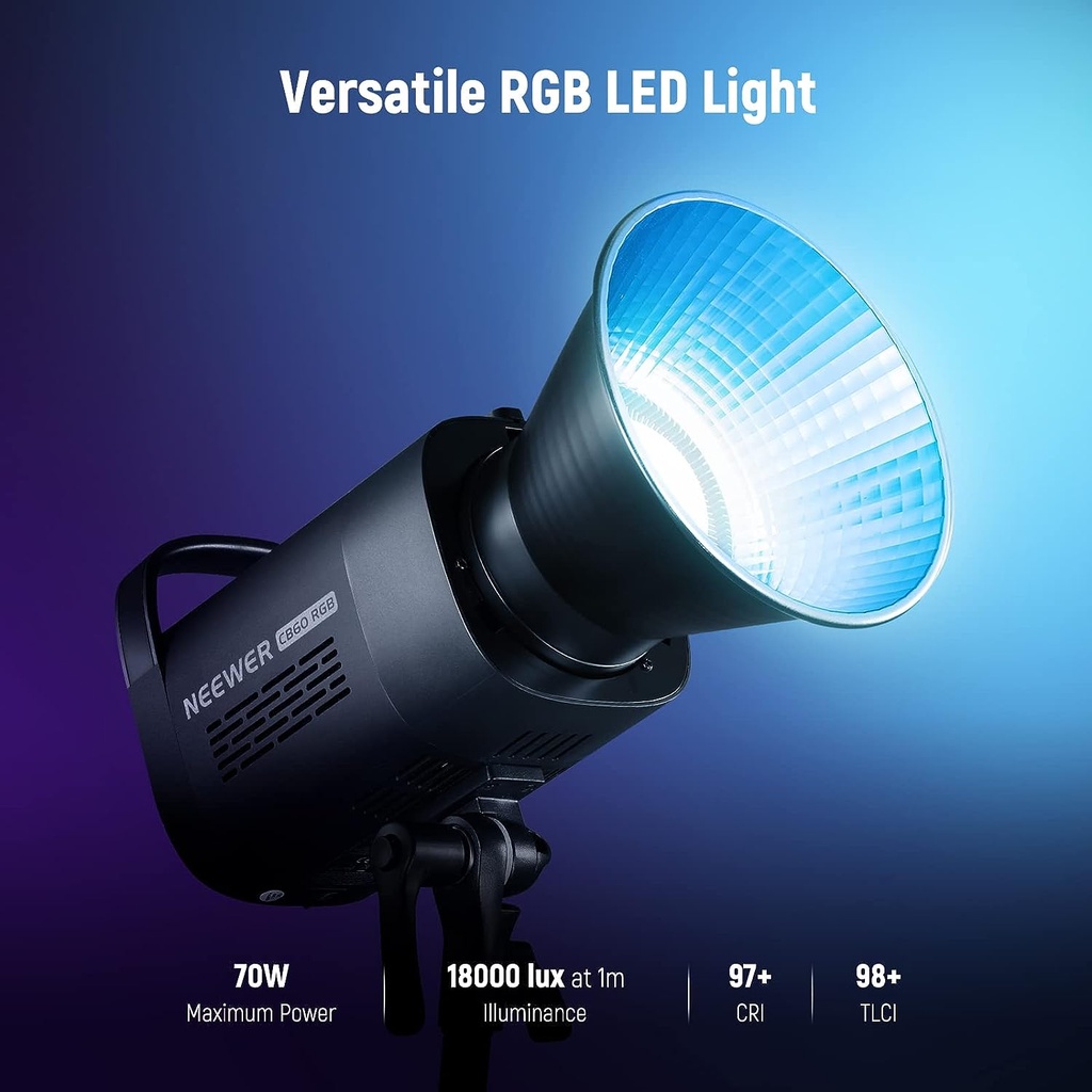 NEEWER CB60 RGB 70W LED Video Light with App Control, Bowens Mount COB Full Color Continuous Output Lighting 18000Lux/1m CCT 2700K-6500K CRI97+ 17 Scenes for Photography/Studio Video Recording