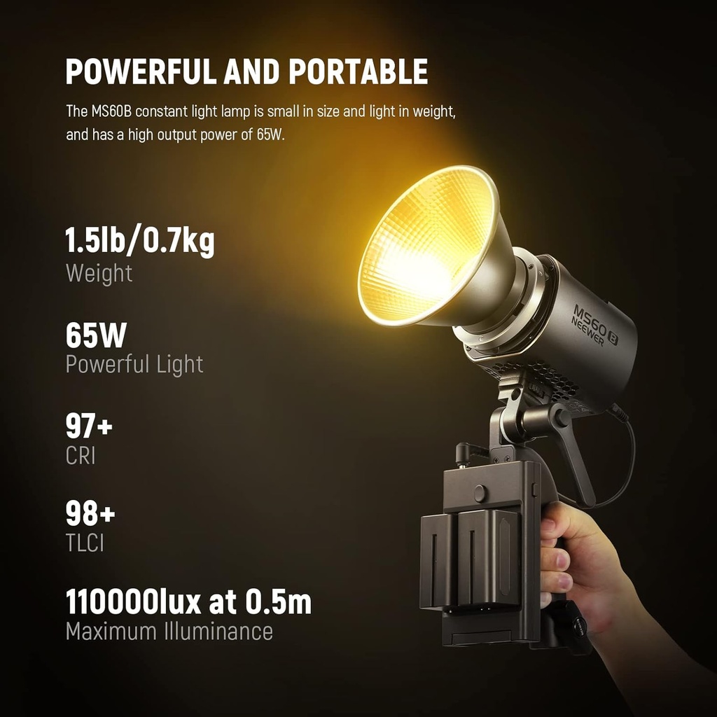 NEEWER MS60B LED Video Light Studio Light with 2.4G/App Control 65W All-Metal Mini Compact COB Bi-Colour Studio Continuous Light Headlight 2700K-6500K, 40000lux@1m, CRI 97+/TLCI 98+, 12 Effects, PWM