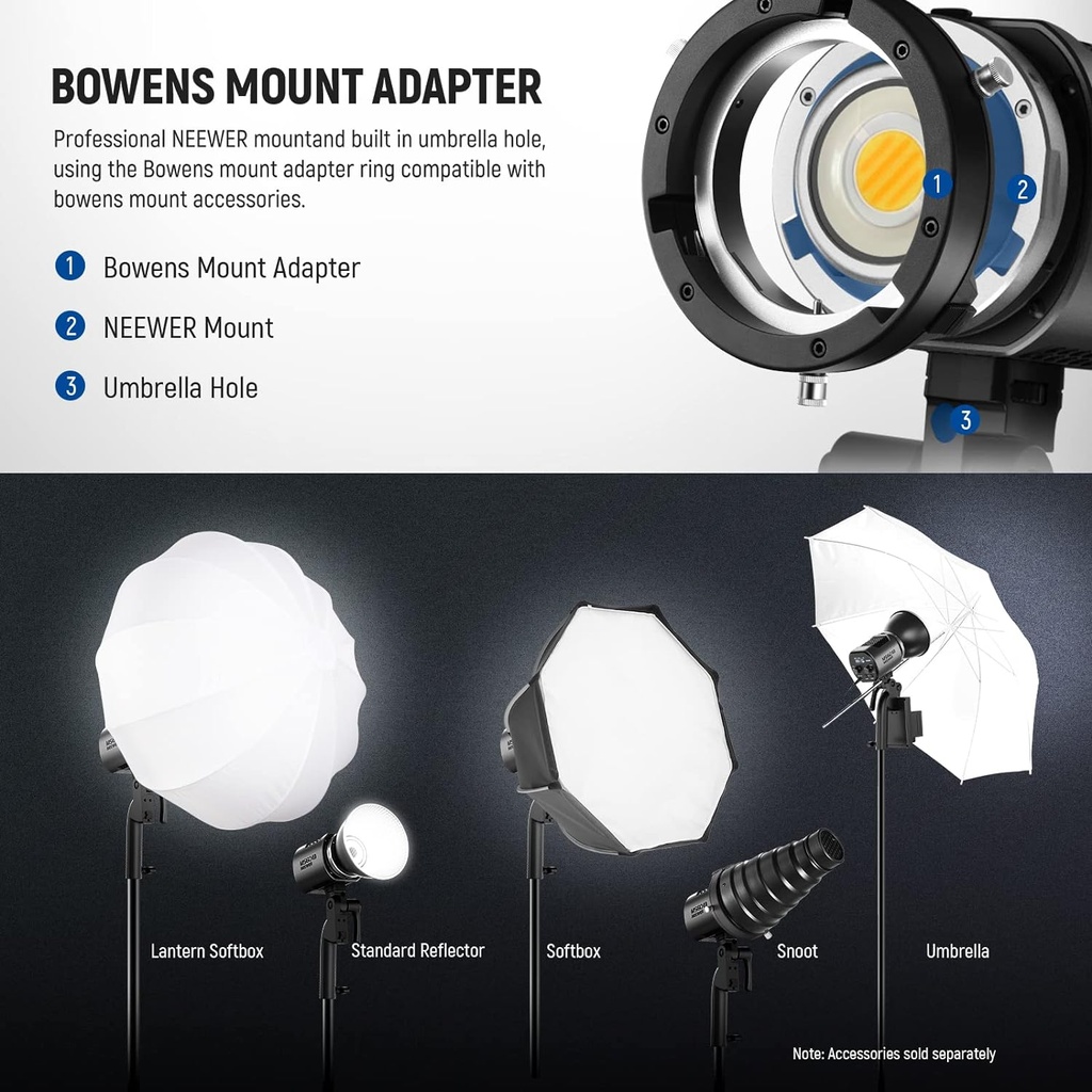 NEEWER MS60B LED Video Light Studio Light with 2.4G/App Control 65W All-Metal Mini Compact COB Bi-Colour Studio Continuous Light Headlight 2700K-6500K, 40000lux@1m, CRI 97+/TLCI 98+, 12 Effects, PWM