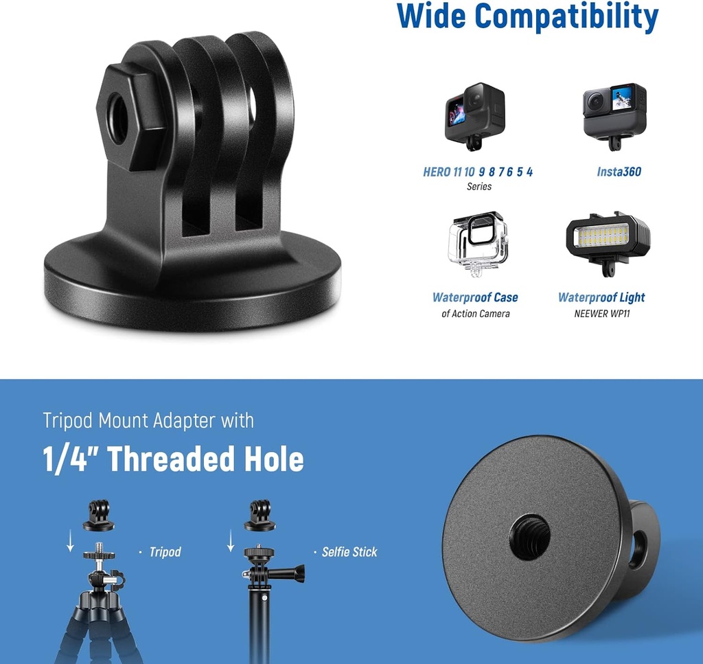 NEEWER Metal Tripod Mount Adapter Compatible with GoPro Hero 11 10 9 8 7 6 5 4 Max Fusion Insta360 AKASO Osmo Action Action 2, 2 Pcs 1/4" Camera Adapter with Thumbscrew for Action Cam Tripod Monopod
