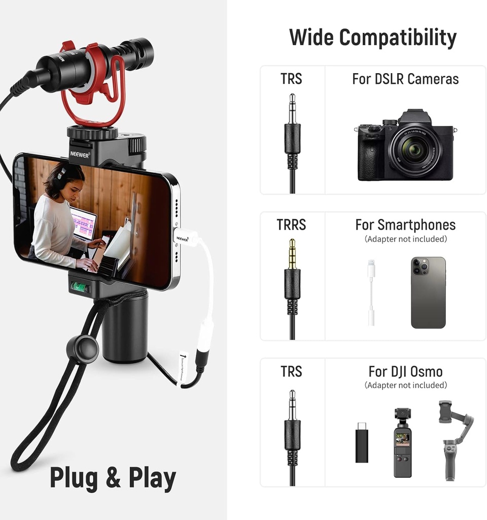 NEEWER Video Microphone for Phone, On Camera Mic Kit with Red Pro Shock Mount Compatible with iPhone Android Smart Phones DSLR Camera Tablet (iPhone Adapter Not Included), CM14 PRO