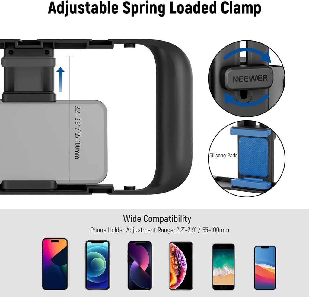 NEEWER Smartphone Video Rig, Phone Video Stabilizer Grip Vlogging Cage with Cold Shoe Tripod Mount, Phone Rig for Videomaker Film Maker Video grapher Compatible with iPhone Samsung and More, A104