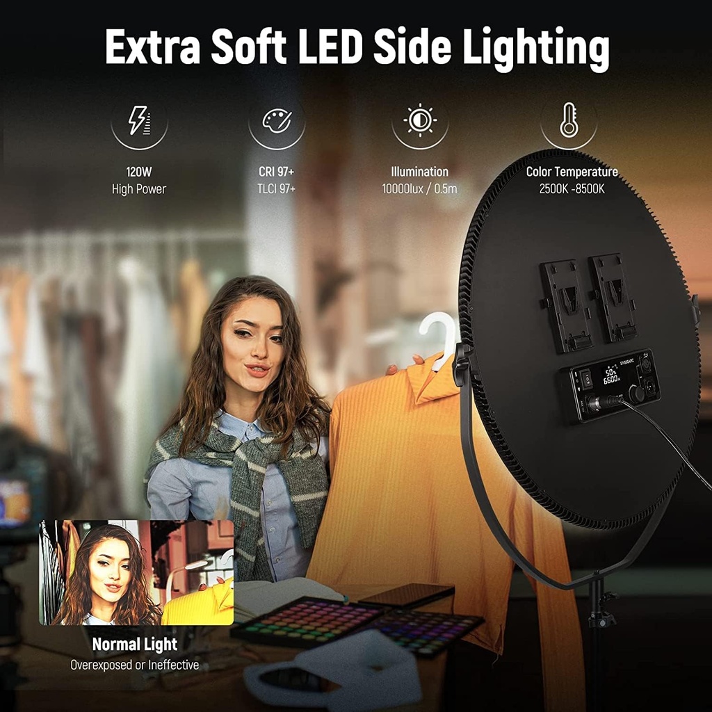 NEEWER Round Panel Video Light with 2.4G & DMX Control, 24 Inch 120 W Bi-Colour Edge Lighting LED Flapjack Light with Bag and 2.4G Remote Control (No Battery), Ultra Soft Fill Light, NL-500ARC
