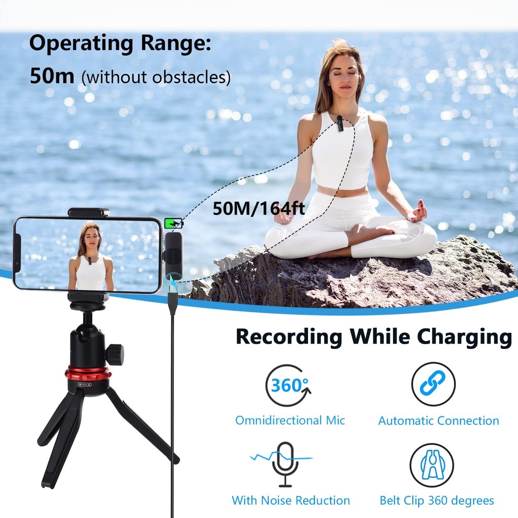 BOYA BY-V1 Professional 2.4GHz Wireless Lavalier Microphone System, 164ft Range, Lapel Microphone for iPhone , iPad - Cordless Omnidirectional Condenser Mic