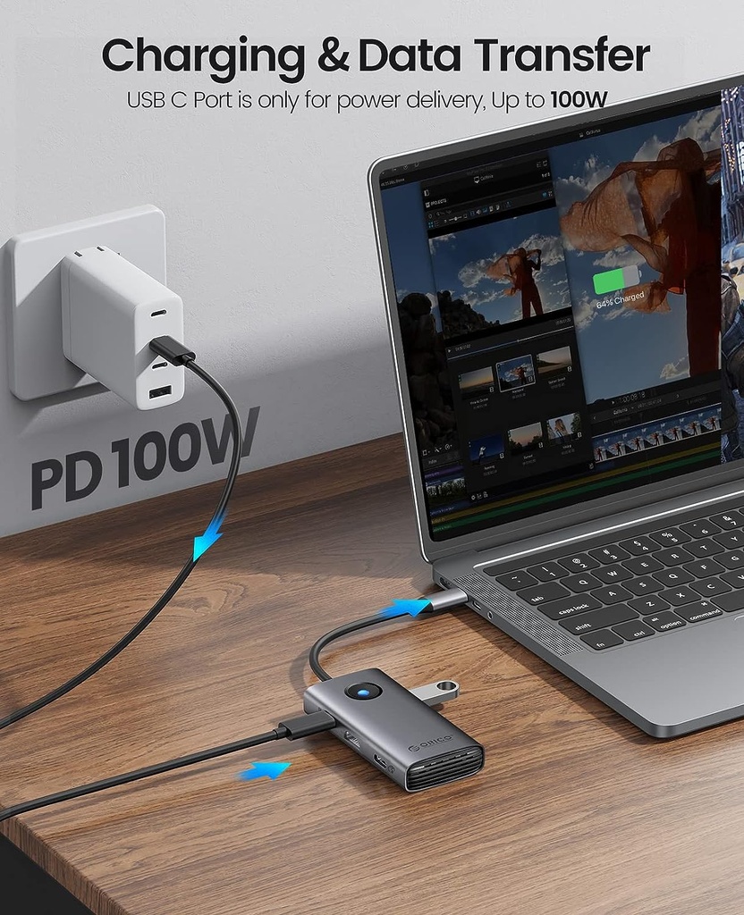 ORICO USB C Docking Station, 6 in 1 USB C to USB Adapter with 3 USB 3.0 Ports,1 USB-C, HDMI（4K@30Hz), PD100W, USB C Hub Multiport Adapter