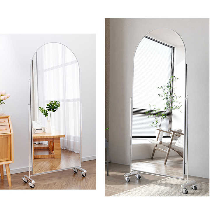 high quality arched full length large size floor body mirror standing dressing espejos with wheels for home