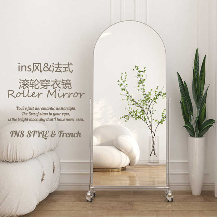 high quality arched full length large size floor body mirror standing dressing espejos with wheels for home