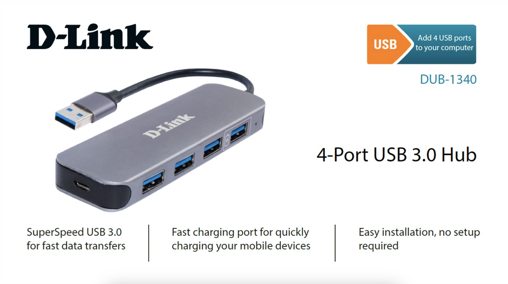 D-Link DUB-1340 4-Port USB 3.0 Hub (One Port with Fast Charge Support)