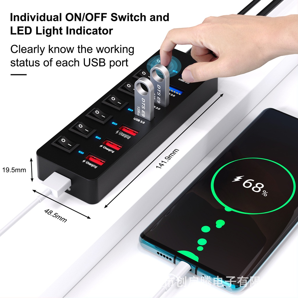 Powered USB Hub 36W,  8-Port USB 3.0 Hub , USB Splitter with Individual On/Off Switches