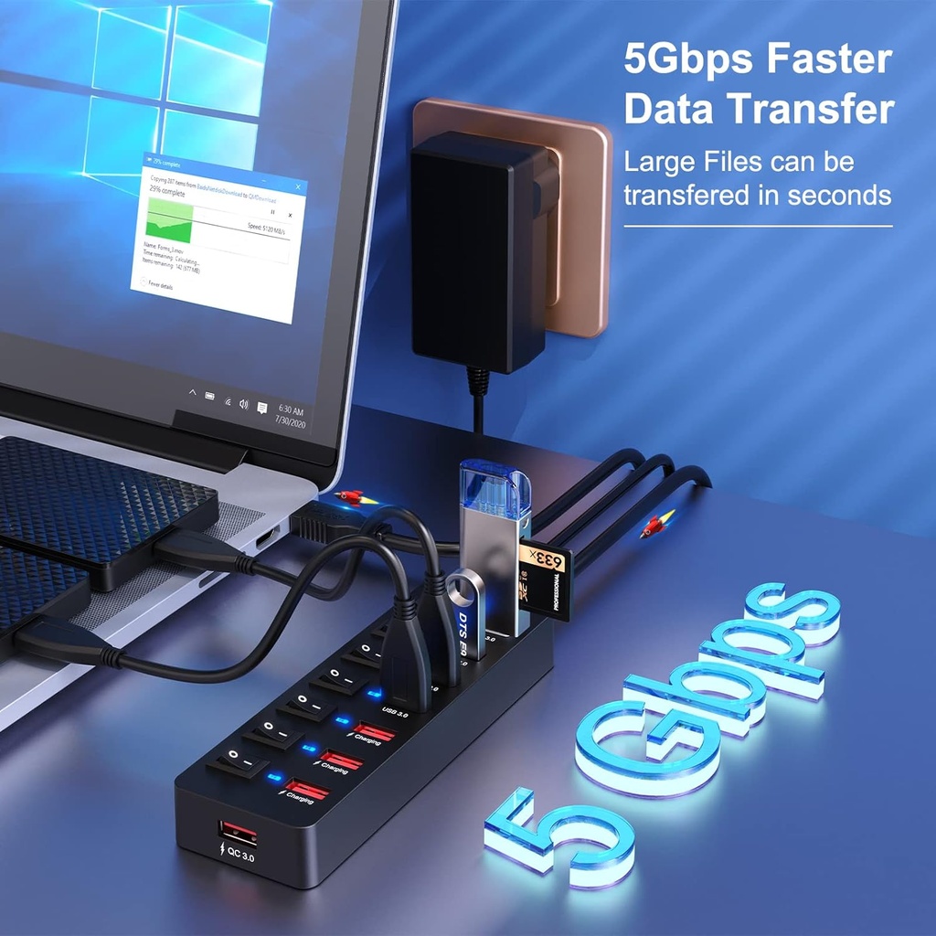 Powered USB Hub 36W,  8-Port USB 3.0 Hub , USB Splitter with Individual On/Off Switches