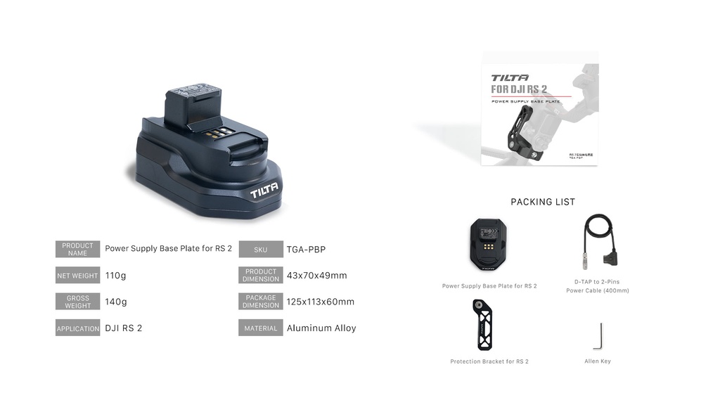 Tilta TGA-PBP Power Supply Base Plate Security for DJI Ronin RS2 accessories P-tap 2-pin Power Input TGA-PBP TGA-PBP2