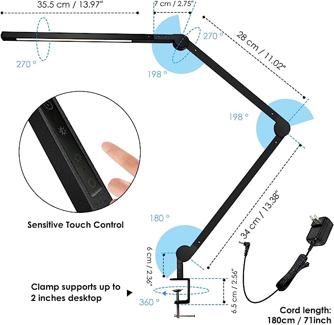 Desk Lamp with Clamp | Swing Arm Desk Light | Eye Caring Table Lamp, Dimmable, 6 Color Modes