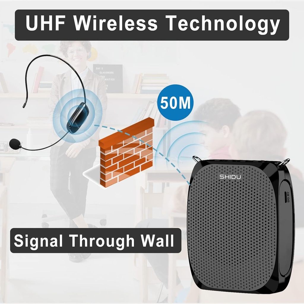 SHIDU S615 Voice Amplifier for Teachers, Mini Voice Amplifier with UHF Wireless Microphone Headset