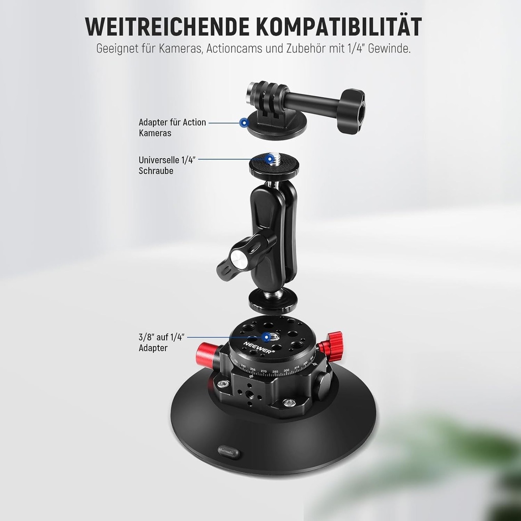 Neewer 6" Camera Suction Mount with Ball Head Magic Arm Metal Car Mount for Camera/Phone