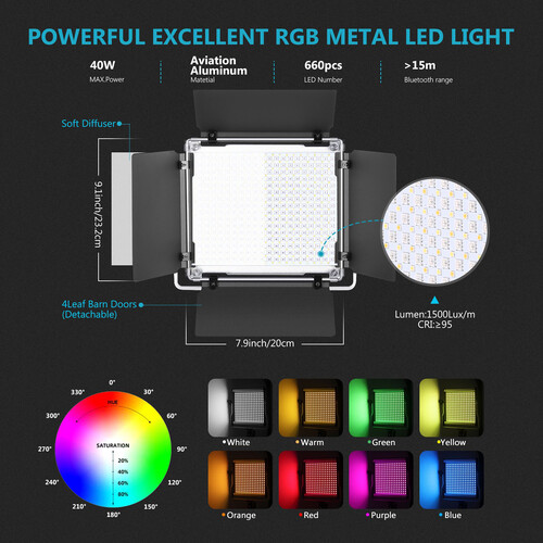 Neewer 2 Packs 660 RGB Led Light with APP Control, Photography Video Lighting Kit with Stands and Bag, 660 SMD LEDs CRI97+/3200K-5600K/Brightness 0-100%/0-360 Adjustable Colors/9 Applicable Scenes(10096832)