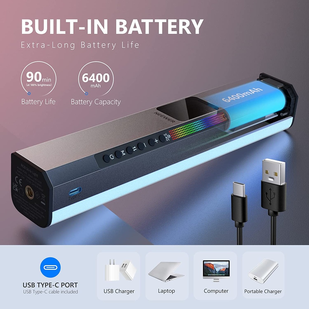 NEEWER RGB1 LED Video Light Stick, Touch Bar & APP Control, Magnetic Handheld Photography Light, Dimmable 3200K~5600K CRI98+ Full-Color LED Light with 6400mAh Built-in Battery, 17 Light Scenes (10100464)
