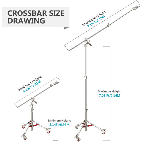 Neewer Pro 100% Stainless Steel C Stand Light Stand with Pulleys, Max. Height 14.4ft/440cm with 7ft/218cm Cross-Bar and Empty Sandbag for Photography Studio Reflector, Monolight and Other Equipment (10096856)