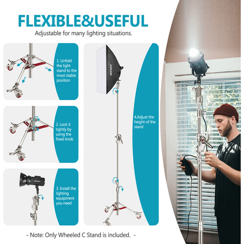 Neewer Pro 100% Stainless Steel C Stand Light Stand with Pulleys, Max. Height 14.4ft/440cm with 7ft/218cm Cross-Bar and Empty Sandbag for Photography Studio Reflector, Monolight and Other Equipment (10096856)