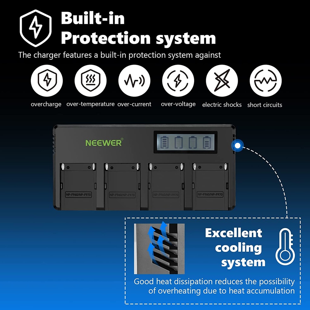 Neewer 4-Channel NP-F Battery Charger with LCD Screen & Power Adapter, Compatible with Sony Camcorder Li-ion Batteries (10100458)