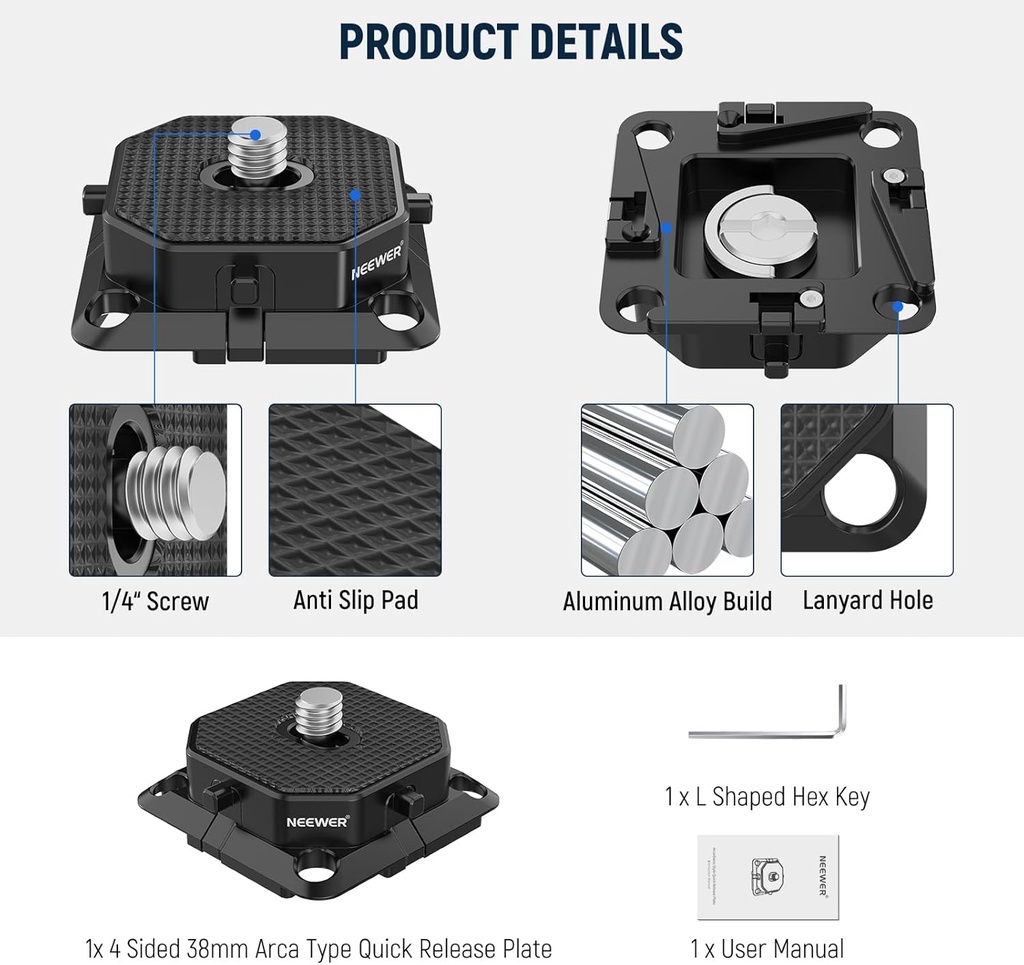 NEEWER Quick Release Plate 38mm Square Arca Type QR Camera Mount Plate 10104281