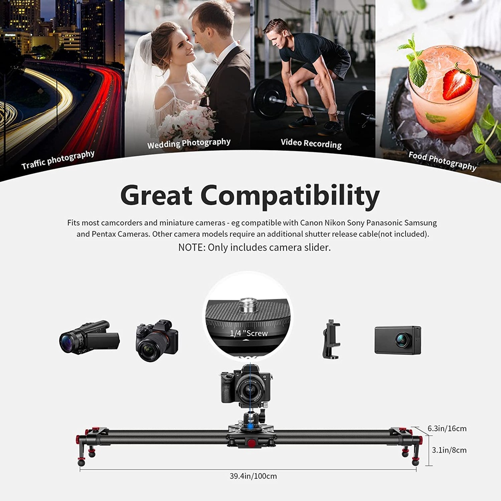 NEEWER 39.4”/100cm Motorized Camera Slider, App Wireless Control Carbon Fiber Dolly Rail Slider, Support Video Mode, Time Lapse Photography, Horizontal, Tracking and 120° Panoramic Shooting (ER1-100) (10100621)