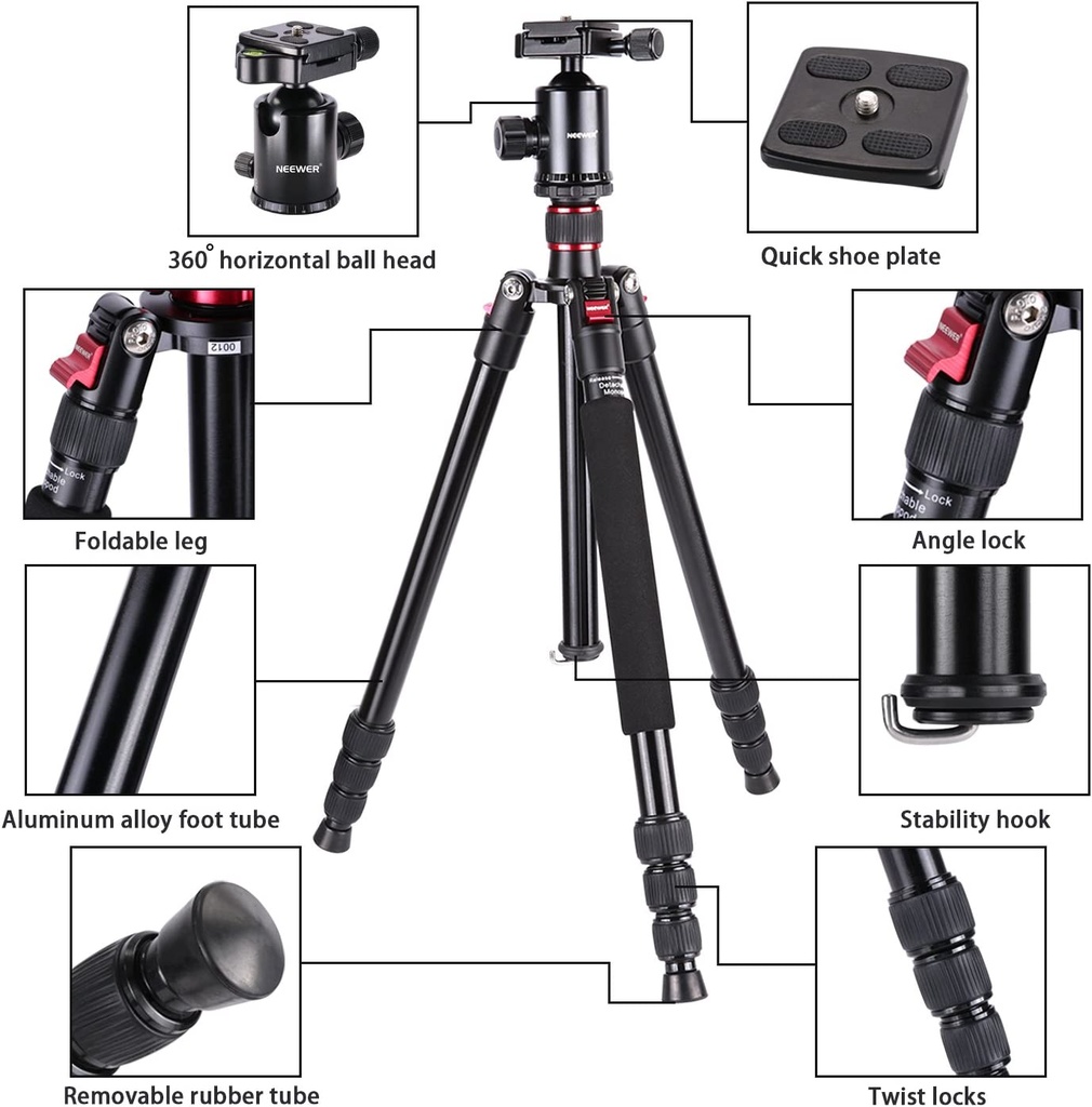 Neewer Aluminum Alloy 64 inches/162 Centimeters Camera Travel Tripod Monopod with 360 Degree Ball Head,1/4 inch Quick Shoe Plate and Bag for DSLR Camera Video Camcorder up to 26.5 pounds/12 kilograms (10090550)