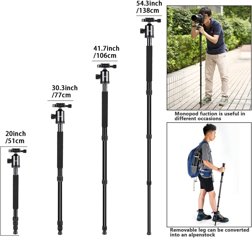 Neewer Aluminum Alloy 64 inches/162 Centimeters Camera Travel Tripod Monopod with 360 Degree Ball Head,1/4 inch Quick Shoe Plate and Bag for DSLR Camera Video Camcorder up to 26.5 pounds/12 kilograms (10090550)