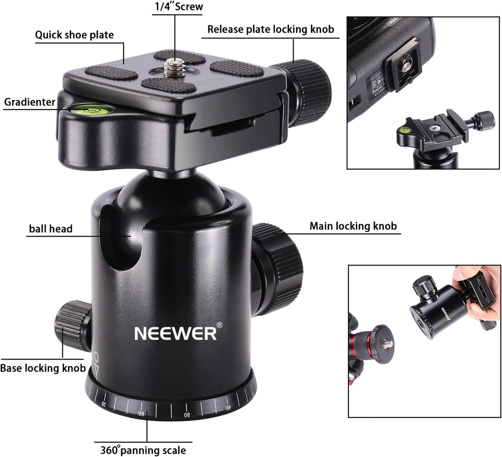 Neewer Aluminum Alloy 64 inches/162 Centimeters Camera Travel Tripod Monopod with 360 Degree Ball Head,1/4 inch Quick Shoe Plate and Bag for DSLR Camera Video Camcorder up to 26.5 pounds/12 kilograms (10090550)