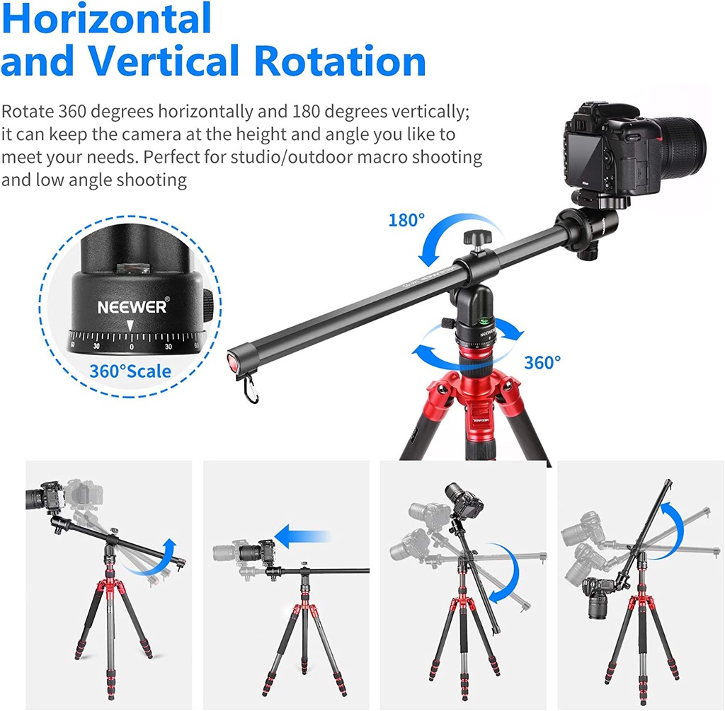 Neewer Tripod Boom Arm, 19.7" Horizontal Center Column Tripod Extension Arm Rotatable 360° Aluminum Alloy Swivel Lock for Overhead Photography, Macro and Low-Angle Shooting, Load up to 22lbs/10kg (10098197)