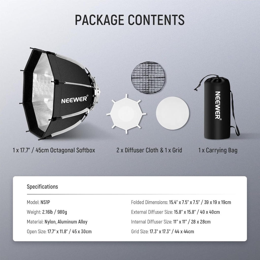 NEEWER 45cm Octagon Softbox Bowens Mount, Quick Folding Quick Set Up with Diffusers/Grid 10102478