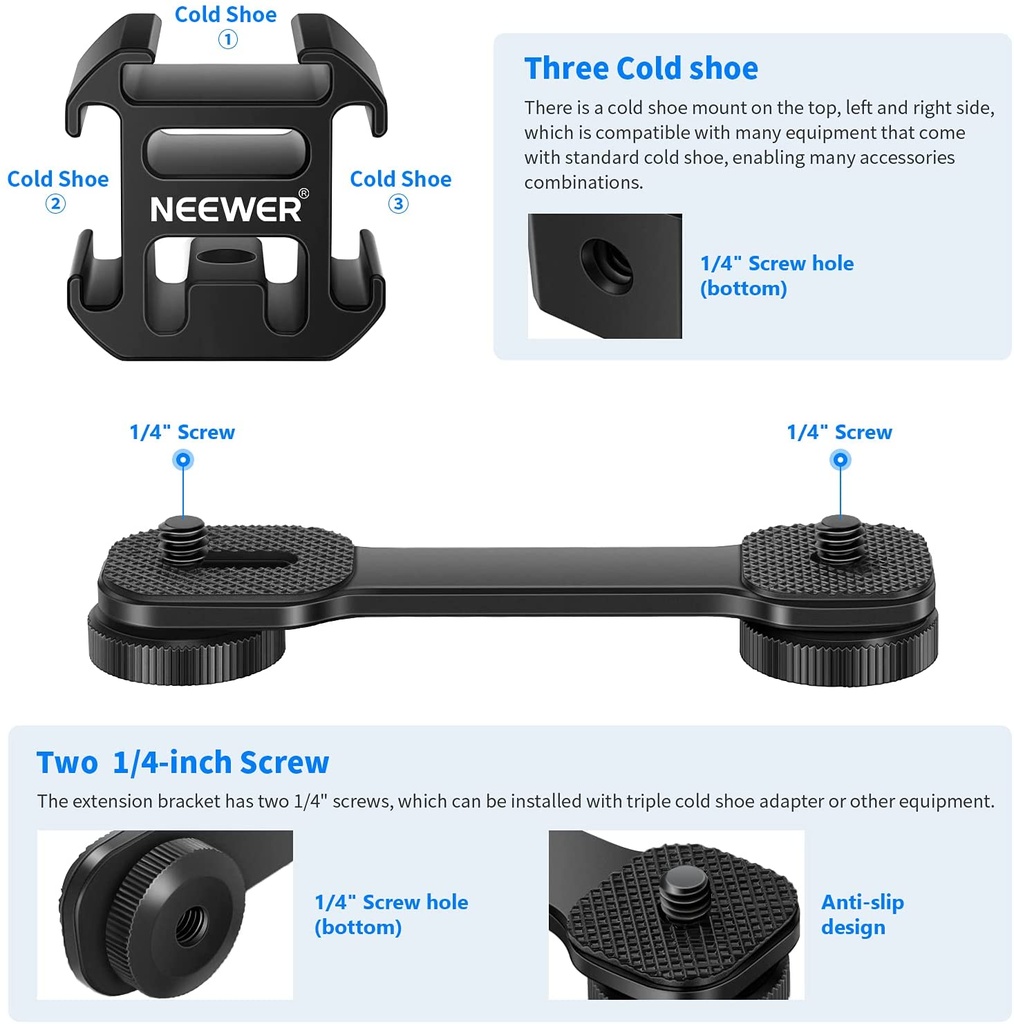 NEEWER Triple Cold Shoe Mount with Gimbal Microphone Mount Extension Bar & 1/4" Adapter Compatible with DJI OM4 Osmo Mobile 3 Zhiyun Smooth 4 Feiyu AK2000 Stabilizer/Tripod/Monopod (10099586)